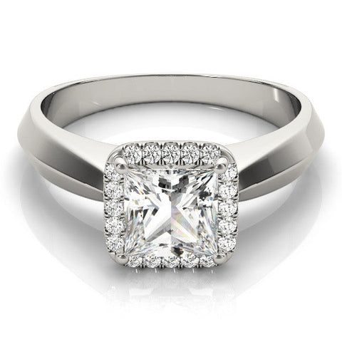 Platinum Princess Cut Halo Solitaire Engagement Ring with Square Band and Four-Prong Setting