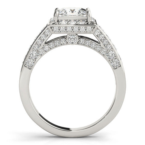 Platinum Princess Cut Halo Split Shank Engagement Ring with Four-Prong Setting