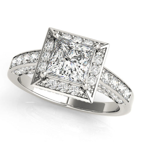 Platinum Princess Cut Halo Split Shank Engagement Ring with Four-Prong Setting