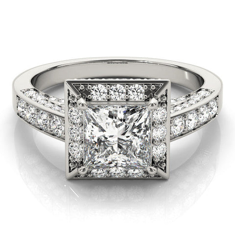 Platinum Princess Cut Halo Split Shank Engagement Ring with Four-Prong Setting