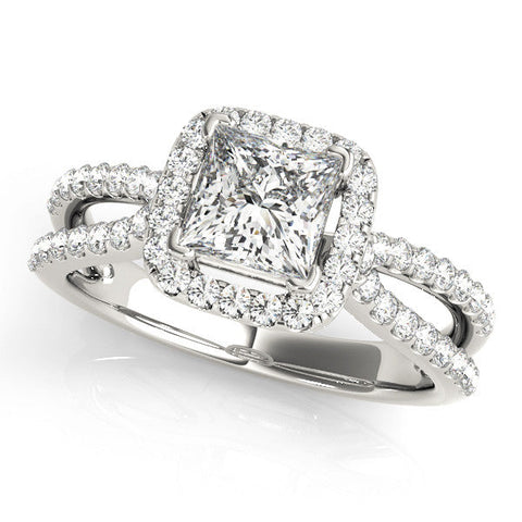 Platinum Princess Cut Halo Split Shank Pave Set Ring
