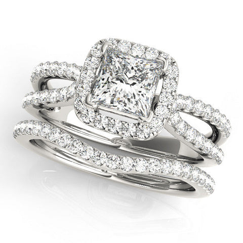 White gold Princess Cut Halo Split Shank Pave Set Ring