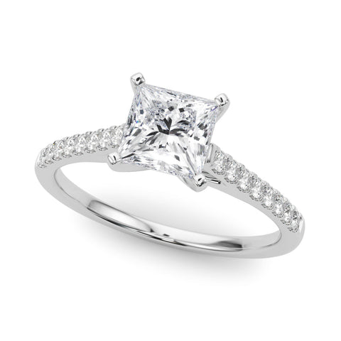 White gold Princess Cut Solitaire Diamond Ring with Pave Band and Four-Prong Setting