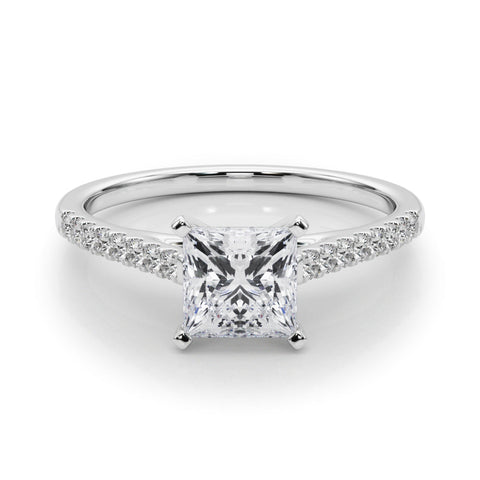 White gold Princess Cut Solitaire Diamond Ring with Pave Band and Four-Prong Setting