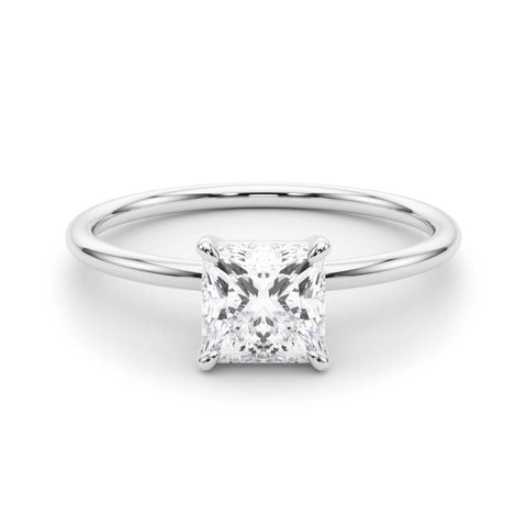 White gold Princess Cut Solitaire Engagement Ring with Thin Band and Four-Prong Setting