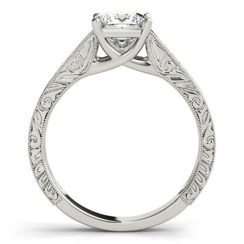 Platinum Princess Cut Solitaire Engraved Band with Four-Prong Setting