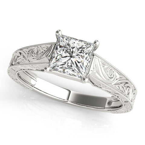 White gold Princess Cut Solitaire Engraved Band with Four-Prong Setting