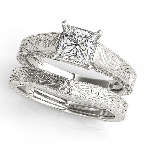 White gold Princess Cut Solitaire Engraved Band with Four-Prong Setting