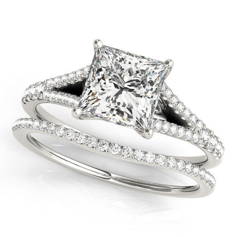 Platinum Princess Cut Split Shank Pave Engagement Ring with Four-Prong Setting