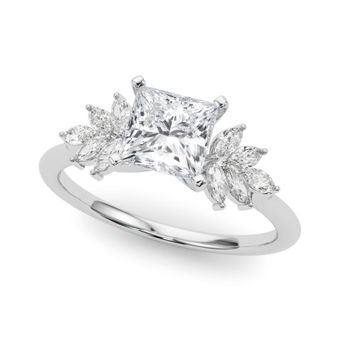 White gold Princess Diamond Floral Side Stone Solitaire with Marquise Accents and Four-Prong Setting