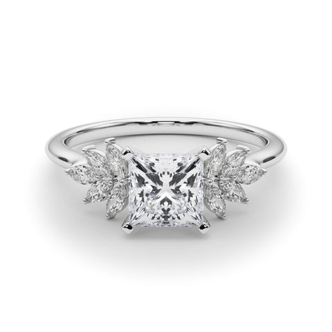 White gold Princess Diamond Floral Side Stone Solitaire with Marquise Accents and Four-Prong Setting