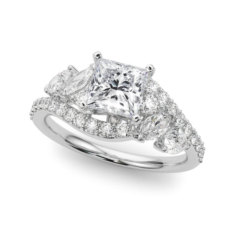 Platinum Princess Diamond Halo Ring with Marquise and Pavé Band in Prong Setting