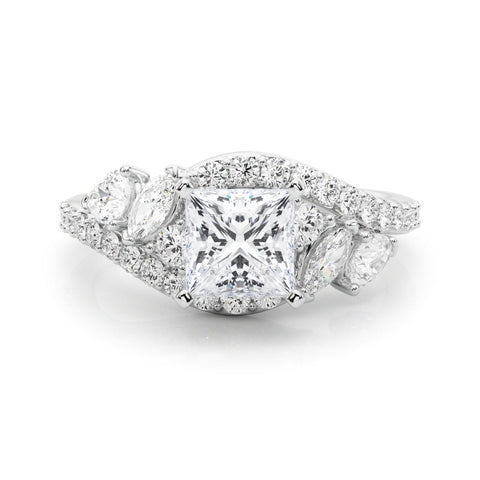 Platinum Princess Diamond Halo Ring with Marquise and Pavé Band in Prong Setting