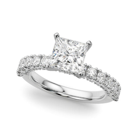 White gold Princess Diamond Pavé Band Solitaire Ring with Four-Prong Setting