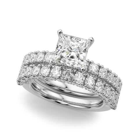 Platinum Princess Diamond Pavé Band Solitaire Ring with Four-Prong Setting