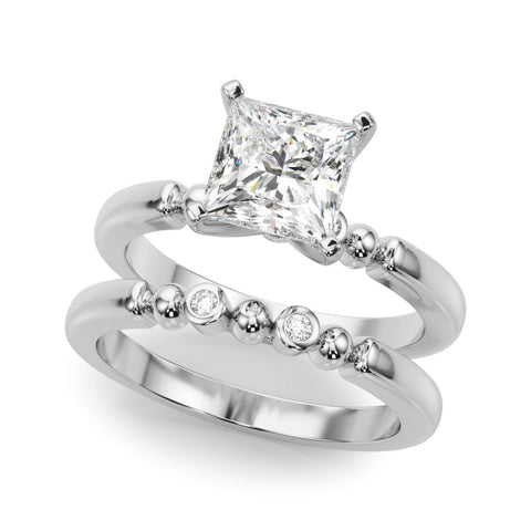White gold Princess Solitaire Beaded Band with Four-Prong Setting