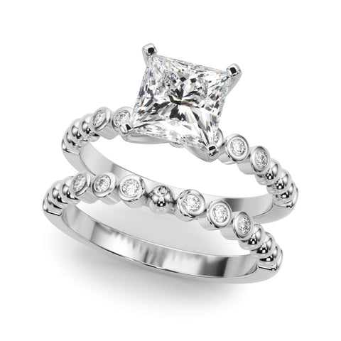 Platinum Princess Solitaire Bezel Accent Diamond Engagement Ring with Beaded Band and Four-Prong Setting