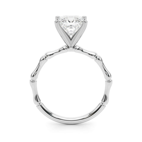 White gold Princess Solitaire Diamond Ring with Bamboo Band and Four-Prong Setting