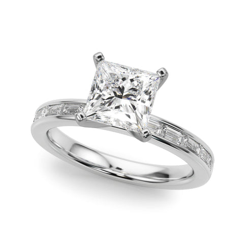Platinum Princess Solitaire Diamond Ring with Channel-Set Baguette Band and Four-Prong Setting