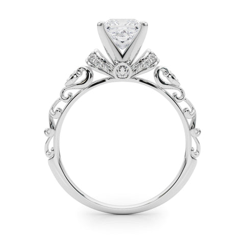 Platinum Princess Solitaire Diamond Ring with Filigree Band and Four-Prong Setting