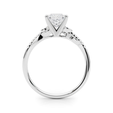 White gold Princess Solitaire Leaf-Inspired Diamond Ring with Pavé Band and Four-Prong Setting