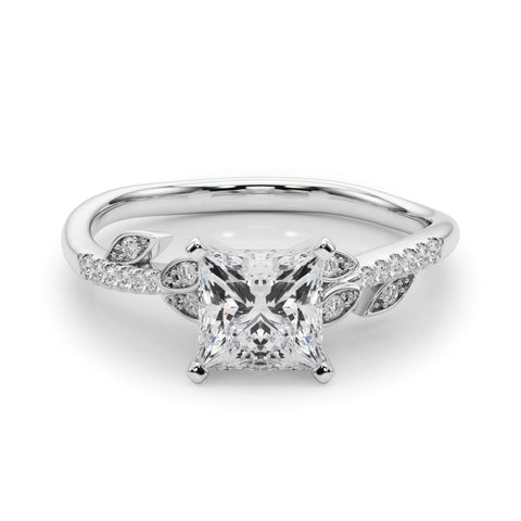 Platinum Princess Solitaire Leaf-Inspired Diamond Ring with Pavé Band and Four-Prong Setting