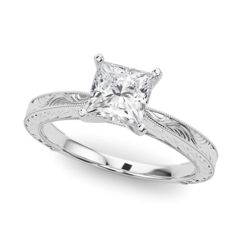 Platinum Princess Solitaire Milgrain Engraved Band with Four-Prong Setting