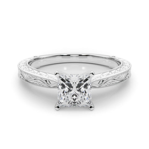 Platinum Princess Solitaire Milgrain Engraved Band with Four-Prong Setting