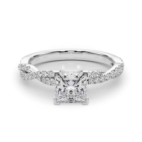 White gold Princess Solitaire Twisted Pave Band with Four-Prong Setting