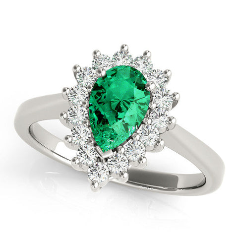 Platinum Prong-Set Pear-Cut Emerald with Diamond Halo and White Gold Band