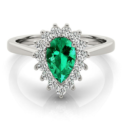 Platinum Prong-Set Pear-Cut Emerald with Diamond Halo and White Gold Band