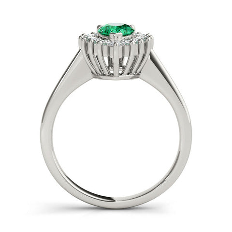 Platinum Prong-Set Pear-Cut Emerald with Diamond Halo and White Gold Band