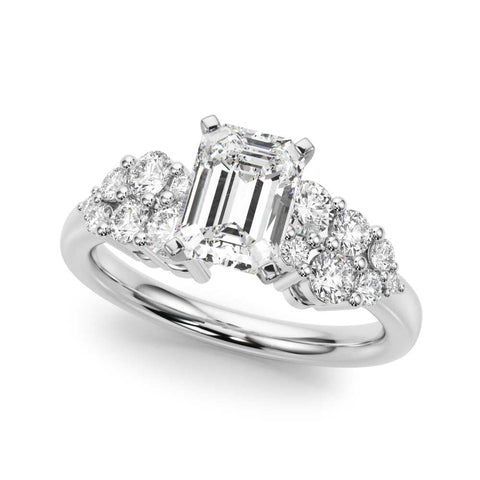 Platinum Emerald Cluster Diamond Engagement Ring with Pavé Band and Four-Prong Setting