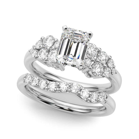 White gold Emerald Cluster Diamond Engagement Ring with Pavé Band and Four-Prong Setting