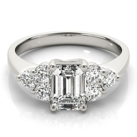 White gold Radiant Cut Diamond Cluster Ring with Round Accent Stones and Prong Setting on a Classic Band