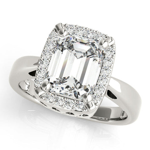 White gold Radiant Cut Diamond Halo Engagement Ring with Split Shank and Four-Prong Setting
