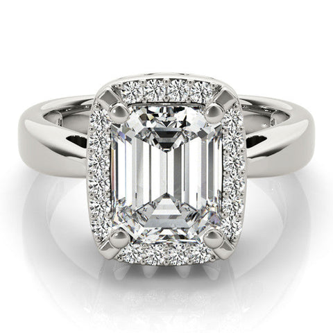 White gold Radiant Cut Diamond Halo Engagement Ring with Split Shank and Four-Prong Setting