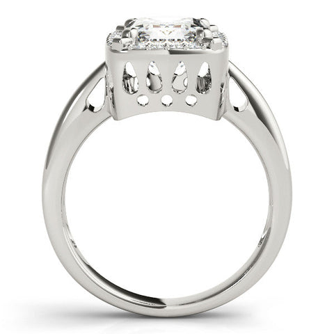 Platinum Radiant Cut Diamond Halo Engagement Ring with Split Shank and Four-Prong Setting