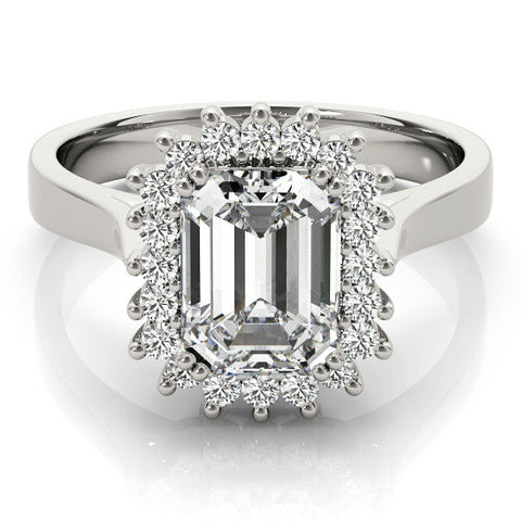 White gold Radiant Cut Diamond Halo Ring with Solitaire Band and Prong Setting