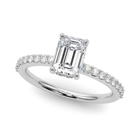 White gold Emerald Cut Diamond Pavé Band Ring with Four-Prong Setting