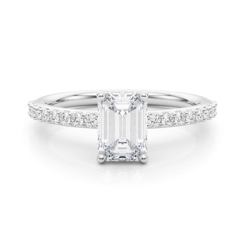 White gold Emerald Cut Diamond Pavé Band Ring with Four-Prong Setting