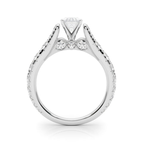 Platinum Emerald Cut Diamond Pavé Band Solitaire with Four-Prong Setting