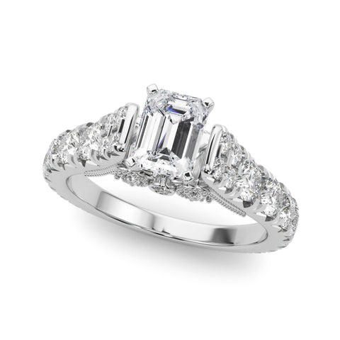 White gold Radiant Cut Diamond Pavé Band Solitaire with Four-Prong Setting