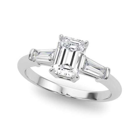 White gold Emerald Cut Diamond Ring with Tapered Baguette Side Stones in Four-Prong Setting