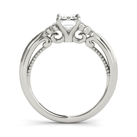 White gold Emerald Cut Diamond Solitaire with Pavé Band and Four-Prong Setting