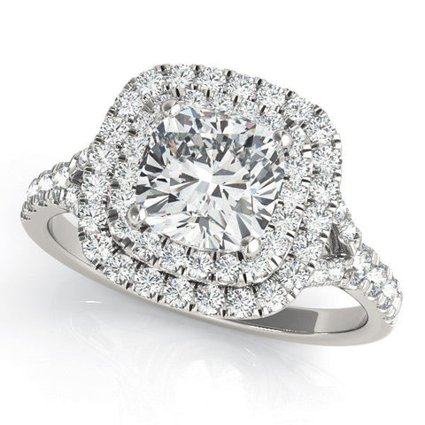 Platinum Cushion Cut Double Halo Pave Band Prong Setting Ring