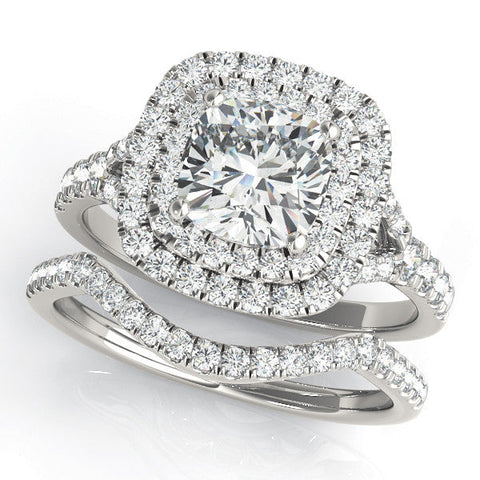 White gold Cushion Cut Double Halo Pave Band Prong Setting Ring