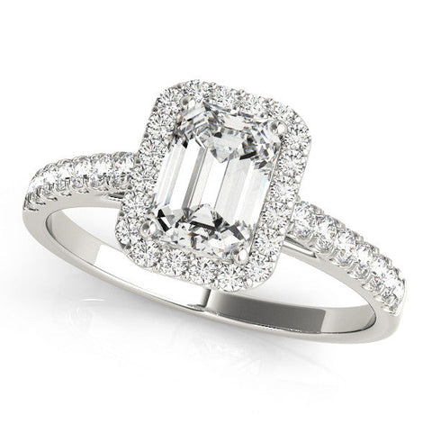 White gold Radiant Cut Halo Diamond Engagement Ring with Pave Band and Four-Prong Setting