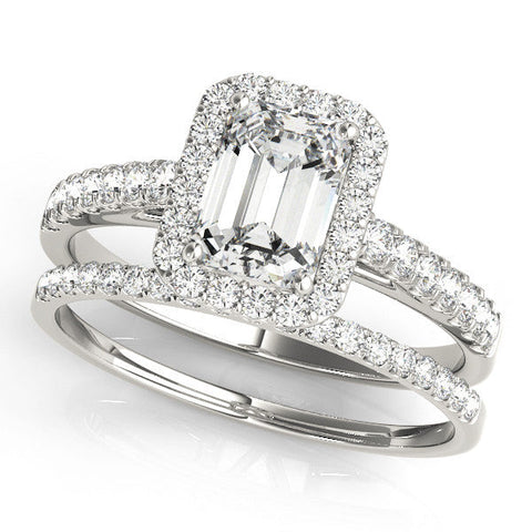 Platinum Radiant Cut Halo Diamond Engagement Ring with Pave Band and Four-Prong Setting