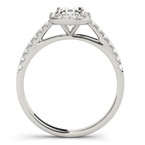 White gold Radiant Cut Halo Diamond Engagement Ring with Pave Band and Four-Prong Setting